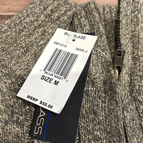 Bill Blass Ribbed Knit 1/4 Zip Green Beige Size M Men's Sweater - Picture 3 of 10